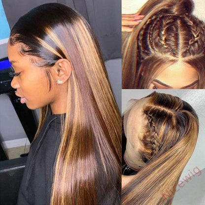 Brown Mixed Gold Highlight Straight Wigs